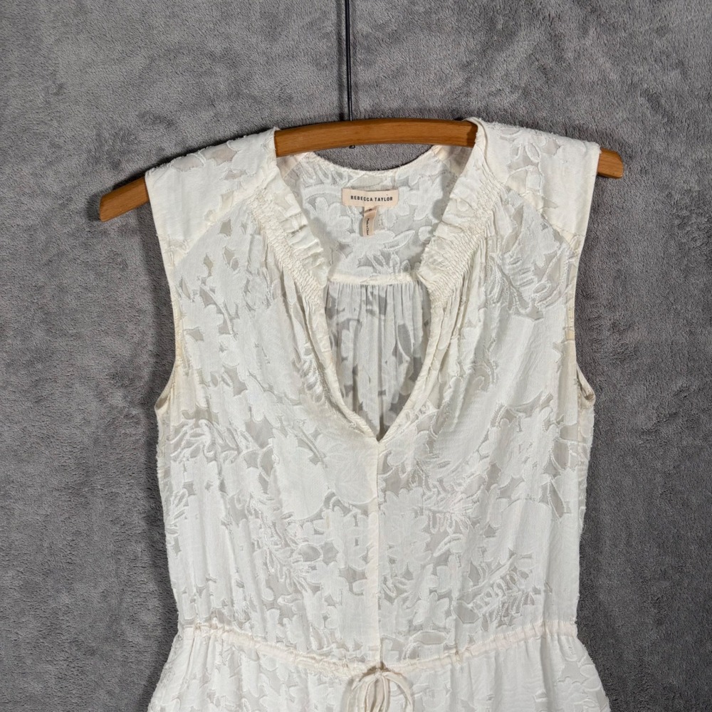 Rebecca Taylor Tiered Mini Dress Size 0 Ivory Floral Burnout Semi Sheer Overlay - Picture 9 of 16